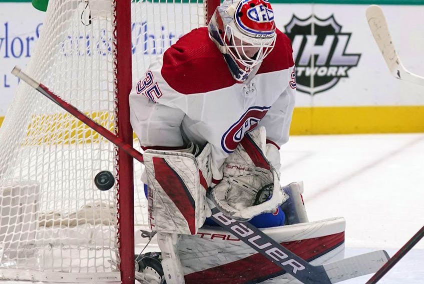 Canadiens goaltender Sam Montembeault has stopped 97 or the last 104 shots he faced over the last two games for a .933 save percentage.