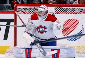 Canadiens goaltender Cayden Primeau is unable to make a save and gives up a goal to the Colorado Avalanche in the first period at Ball Arena on Saturday, Jan. 22, 2022, in Denver. 