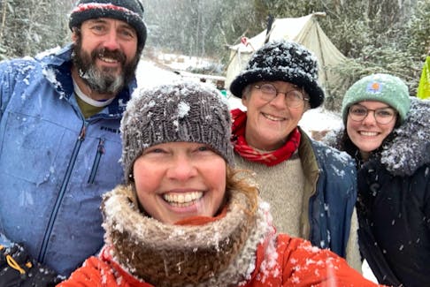 Eleanor Kure, front, Andrew Breen, Nina Newington and Maria Kirby Breen are part of the Extinction Rebellion-led contingent that set up camp in early December 2021 on South Mountain in Annapolis County to protest a planned forestry operation there. -- Eleanor Kure
