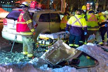 A woman was taken to hospital following a two-vehicle crash at Rawlins Cross Sunday night. Keith Gosse/The Telegram