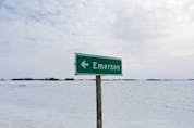  A sign post for the small border town of Emerson, near the Canada-U.S border crossing, where a family of four were found frozen to death.