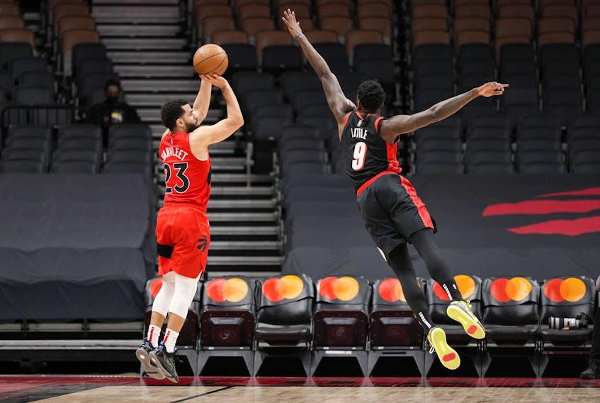 Raptors' Fred VanVleet shoots over Nassir Little of the Portland Trail Blazers during the first half at Scotiabank Arena on Sunday, Jan. 23, 2022 in Toronto. 