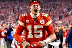 Chiefs QB Patrick Mahomes takes the field before the start of the AFC Divisional playoff game against the Bills at GEHA Field at Arrowhead Stadium in Kansas City, Mo., Sunday, Jan. 23, 2022.