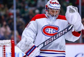 Montreal Canadiens goaltender Cayden Primeau looks on during the second period against the Minnesota Wild at Xcel Energy Center on Monday, January 24, 2022.