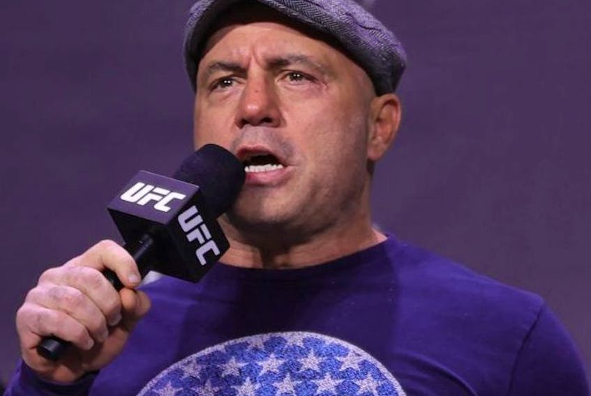 Joe Rogan introduces fighters during the UFC 269 ceremonial weigh-in  at MGM Grand Garden Arena on December 10, 2021 in Las Vegas, Nevada.