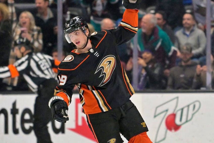 Anaheim Ducks right winger Troy Terry celebrates after a goal in the second period of the game against the New York Rangers at Honda Center.