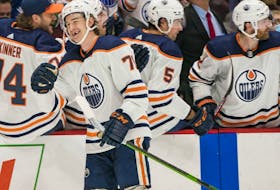 Edmonton Oilers forward Ryan McLeod (71) celebrates his goal against the Vancouver Canucks in the third period at Rogers Arena in Vancouver on Jan. 25, 2022. Oilers won 3-2 in Overtime. 