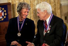 Recipients Alexa McDonough and Silver Donald Cameron chat following an Order of Nova Scotia ceremony in Halifax in 2012.  
SaltWire Network File Photo