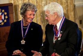 Recipients Alexa McDonough and Silver Donald Cameron chat following an Order of Nova Scotia ceremony in Halifax in 2012.  
SaltWire Network File Photo