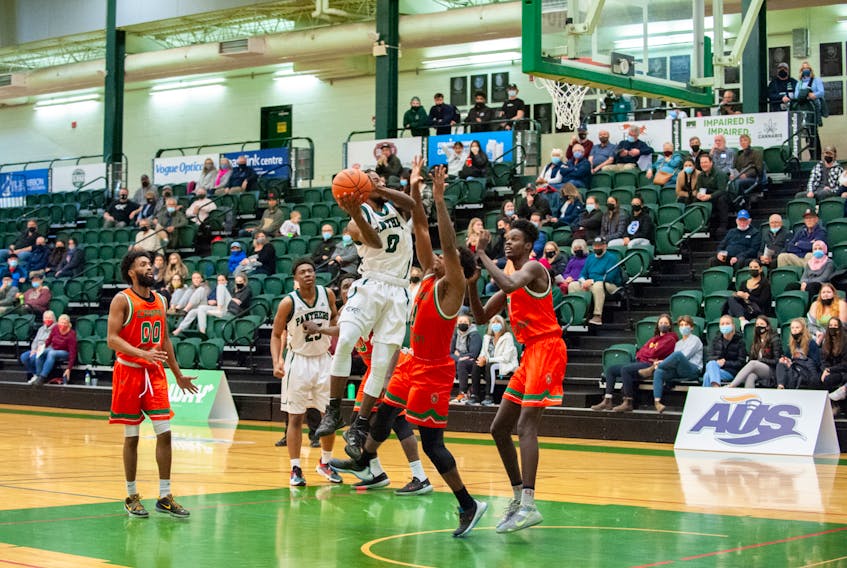 UPEI Panthers guard Elijah Miller, 0, drives to the basket in an Atlantic University Sport Men’s Basketball Conference game against the Cape Breton Capers at the Chi-Wan Young Sports Centre in Charlottetown earlier this season. 