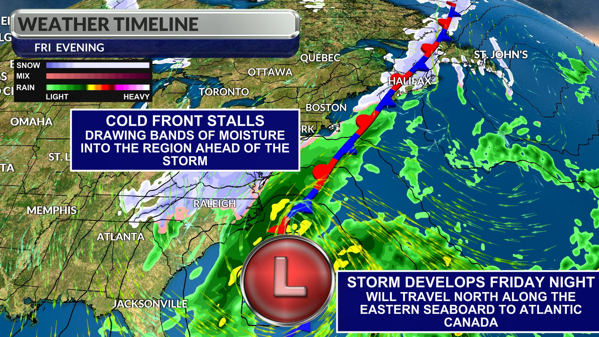 A powerful storm will develop off Cape Hatteras Friday night. -WSI