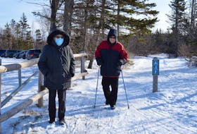 Louise and Ensor Waite finish a walk Jan. 23 at the Winter Activities Hub in Cavendish.