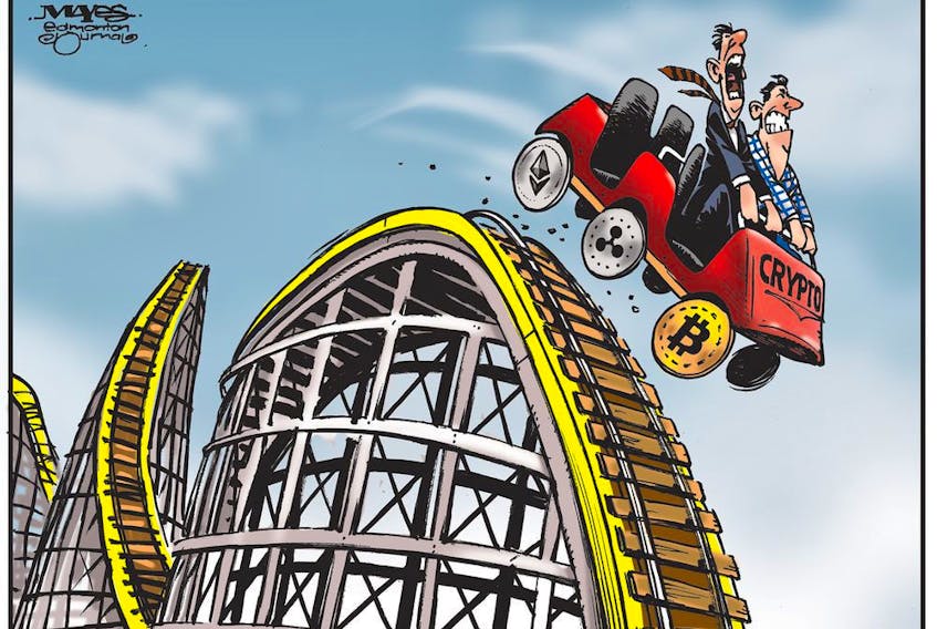  Crypto currencies are a roller coaster for investors. (Cartoon by Malcolm Mayes)