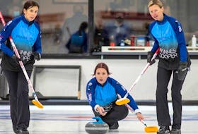 St. John’s skip Sarah Hill (centre) and her team, which includes Beth Hamilton (left), Adrienne Mercer (right) and Kelli Sharpe (not pictured) get their second Scotties Tournament of Hearts tournament started in Thunder Bay on Friday. Facebook/Team Hill 