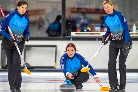 St. John’s skip Sarah Hill (centre) and her team, which includes Beth Hamilton (left), Adrienne Mercer (right) and Kelli Sharpe (not pictured) get their second Scotties Tournament of Hearts tournament started in Thunder Bay on Friday. Facebook/Team Hill 