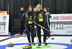 Skip Suzanne Birt, left, and third stone Marie Christianson go over strategy at the Canadian Curling Trials Direct Entry event in Ottawa in September. The Birt rink is Team P.E.I. at the 2022 Scotties Tournament of Hearts in Thunder Bay, Ont., from Jan. 28 to Feb. 6.  - Curling Canada