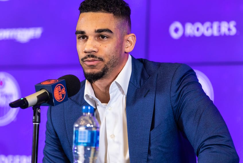 Edmonton Oilers forward Evander Kane answers questions about his signing to a one-year deal during a press conference at Rogers Place in Edmonton on Friday, Jan. 28, 2022.