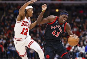Raptors forward Pascal Siakam (43) is defended by Chicago Bulls guard Ayo Dosunmu  on Wednesday night. 