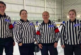 In November, history was made for the Cape Breton Blizzard Female Hockey Association when all four officials on the ice for an under-18 game were females. In total, 11 female officials are currently working minor hockey games in the Cape Breton Regional Municipality this year. From left, Blaire MacKinnon, Laura Gillis, Amanda MacInnis, and Madison Larade. PHOTO CONTRIBUTED/AMANDA MACINNIS