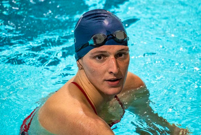 Lia Thomas, a transgender woman, finishes the 200-yard freestyle for the University of Pennsylvania at an Ivy League swim meet against Harvard University in Cambridge, Massachusetts, on January 22, 2022.  