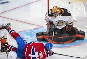 Jake Evans led the Canadiens with two goals Thursday night, driving to the net both times to beat Ducks goaltender Anthony Stolarz.