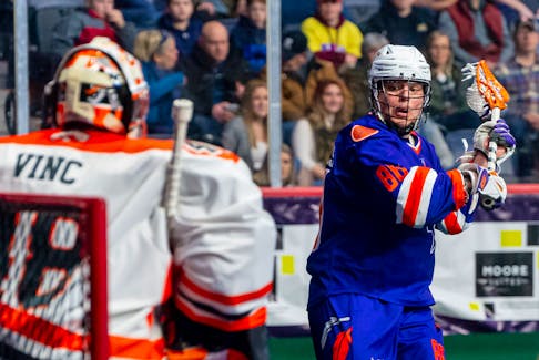 Halifax Thunderbirds captain Cody Jamieson fires a shot on goal during an National Lacrosse League game versus the Buffalo Bandits on March 8, 2020, at Scotiabank Centre. - Trevor MacMillan / Halifax Thunderbirds