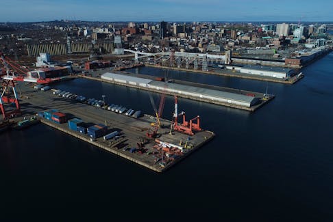 The Halifax Port Authority says that starting in May it will begin infilling a section of Halifax Harbour, between Ocean Terminals Piers B (in foreground) and Pier A-1, with pyritic slate excavated from downtown construction projects.
