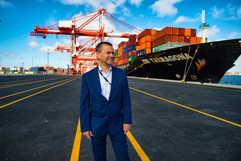 Halifax Port Authority president and CEO Allan Gray with the ZIM Tarragona in 2020. It was the first vessel to the use an expanded PSA Halifax terminal in the city's south end. Ryan Taplin - The Chronicle Herald