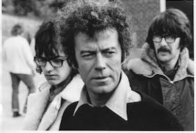 Gordon Pinsent on the set of "The Rowdyman" in 1971. At left is assistant art director Richard Brooke. Lloyd Price of Corner Brook is at right. Courtesy of John Eckert