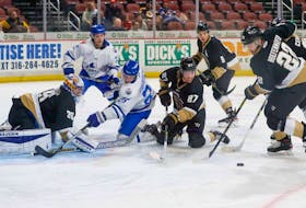 The Newfoundland Growlers are finally set to play games in St. John’s after a lengthy time away from the Mary Brown’s Centre. Here, Growlers' defenceman Noel Hoefenmayer (22) clears the puck from in front of goaltender Keith Petruzelli while defenceman Riley McCourt (27) looks on in a game against the Wichita Thunder on Jan. 26. Photo courtesy Wichita Thunder 
