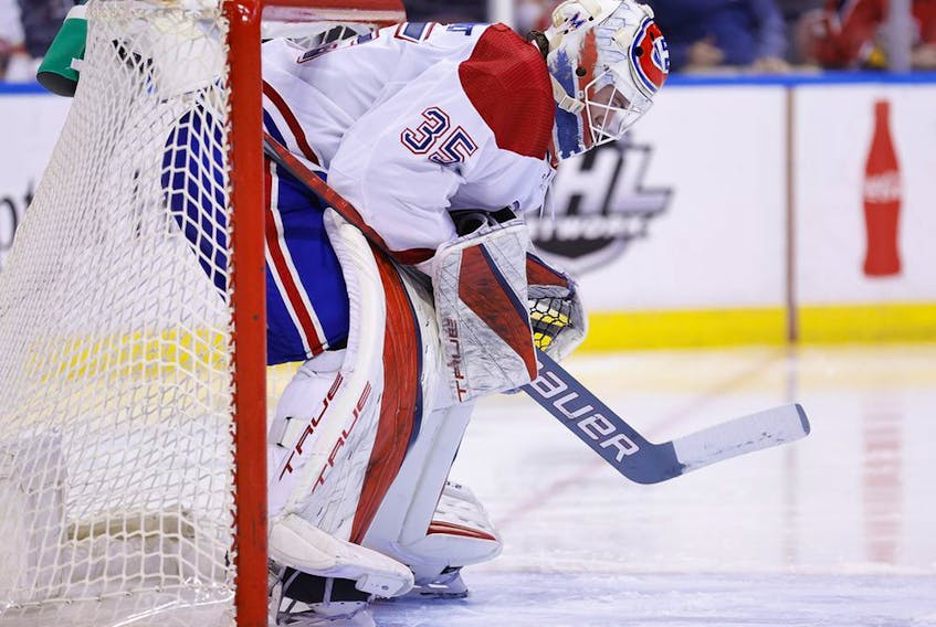 Montreal Canadiens goaltender Sam Montembeault reacts after allowing a goal against the Florida Panthers during the third period on Jan. 1, 2022, in Sunrise, Fla.