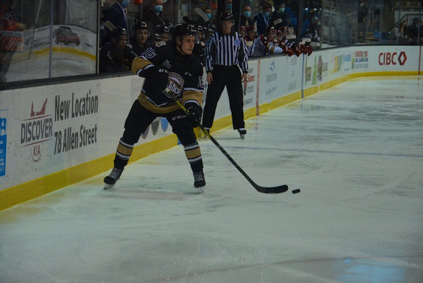 Charlottetown Islanders forward Patrick Guay makes a pass during a recent Quebec Major Junior Hockey League (QMJHL) at Eastlink Centre. Guay has been named the QMJHL’s top forward for the month of December.