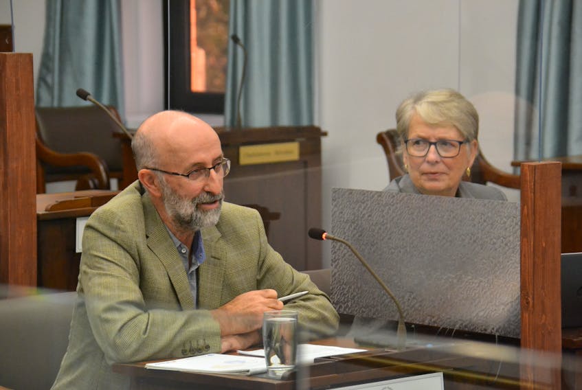 Federation of Agriculture president Ron Maynard, left, and interim executive director Anne Boswall spoke before a standing committee on Oct. 7 in Charlottetown about P.E.I.'s irrigation strategy. 