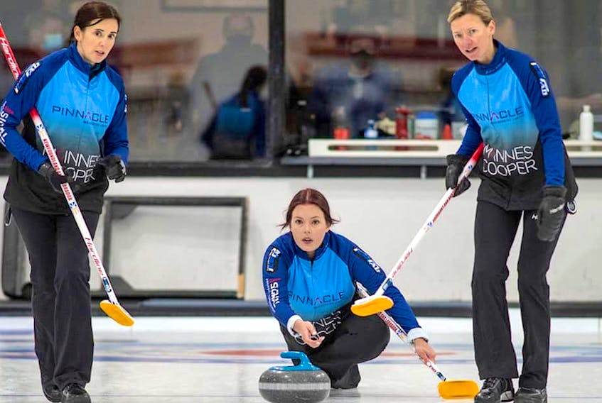 With the provincial Scotties cancelled, the Newfoundland and Labrador Curling Association has selected the rink skipped by defending champion Sarah Hill (centre) and also including Beth Hamilton (left), Adrienne Mercer (right) and Kelli Sharpe (not shown) to represent N.L. at the Scotties Tournament of Hearts national championship, scheduled to begin in Sault Ste. Marie, Ont., on Jan. 24. — Facebook/Team Hill