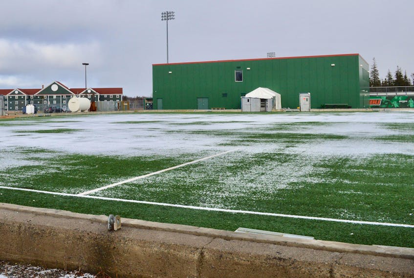 All that remains of the Cape Breton Health Recreation Complex dome is the artificial turf field, a low foundation wall, a few emergency doors and the sealed entry way to the adjoining sports building which includes offices, meeting rooms and dressing rooms. DAVID JALA/CAPE BRETON POST
