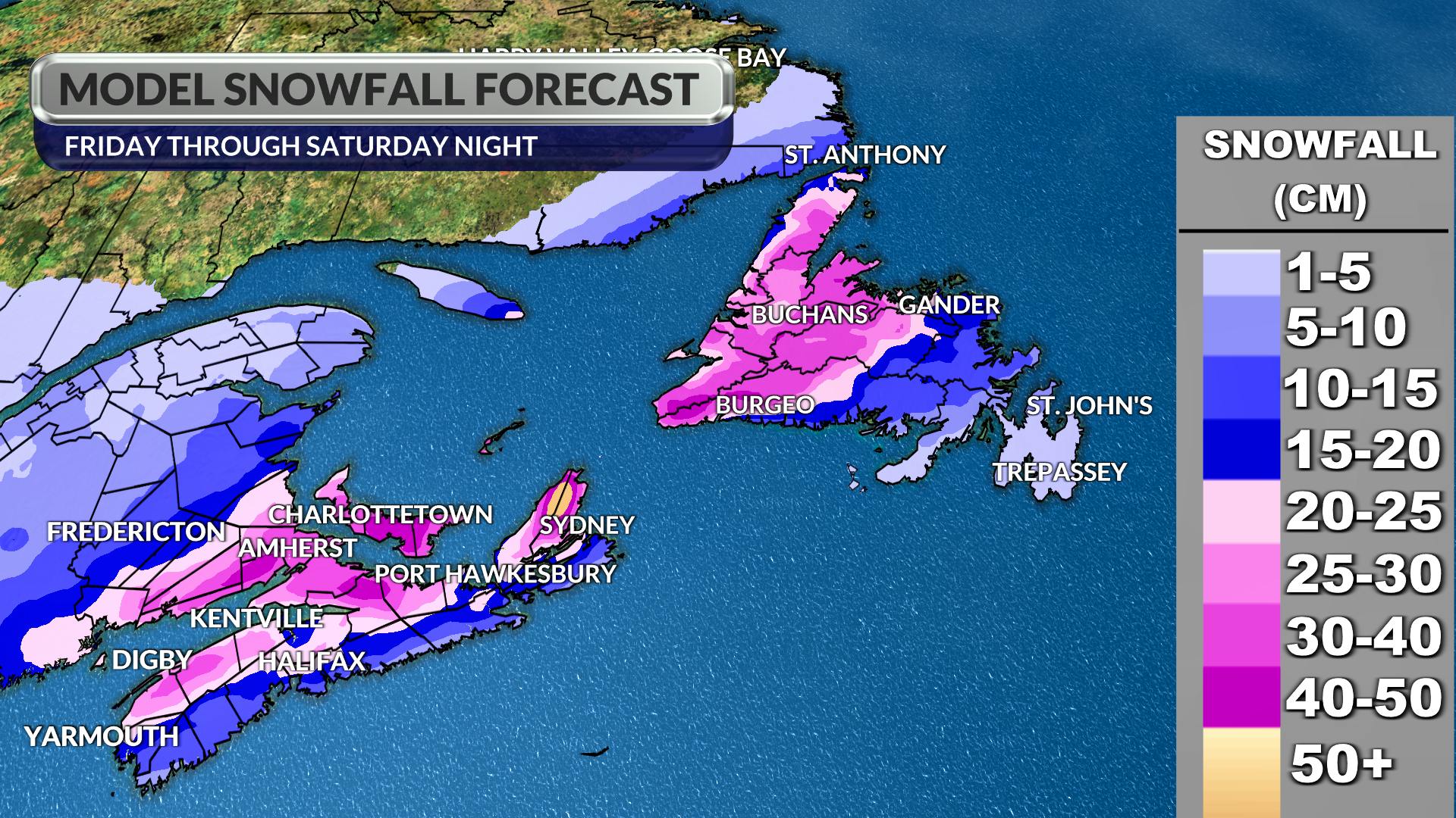 A model projection of potential snowfall amounts across Atlantic Canada through Saturday night. -WSI