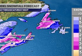 A model projection of potential snowfall amounts across Atlantic Canada through Saturday night. -WSI