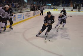 Matis Ouellet carries the puck into the offensive zone for the Charlottetown Islanders during a Quebec Major Junior Hockey League game at Eastlink Centre earlier this season. The Islanders traded Ouellet to the Cape Breton Eagles on Jan. 6.