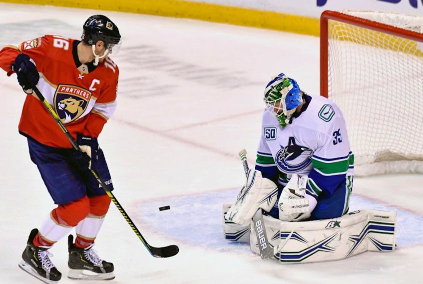 Canucks goalie Thatcher Demko thwarts Panthers captain Aleksander Barkov the last time these two teams faced each other, a 5-2 victory for the Florida hosts in Sunrise, Fla., on Jan. 9, 2020. The Canucks kick off their toughest road trip against the high-flying Panthers on Tuesday.