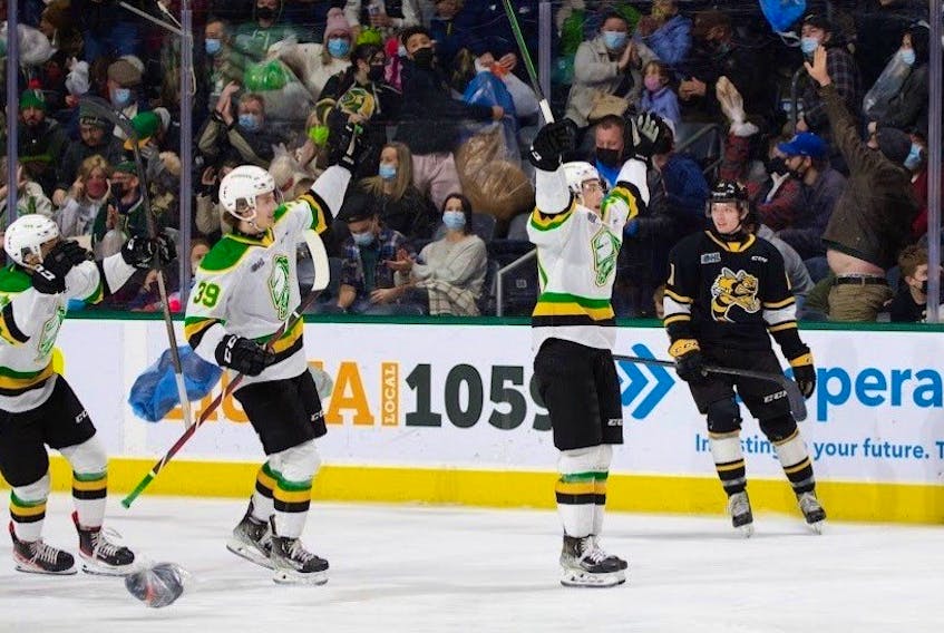 Landon Sim, right, celebrates scoring the goal, which unleashed a rain of bears during Teddy Bear Toss Night at a London Knights OHL game.