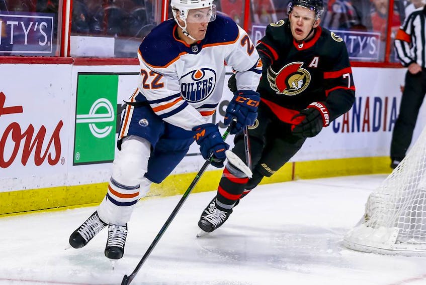 File photo/ Ottawa Senators left wing Brady Tkachuk pursues Edmonton Oilers defenceman Tyson Barrie during third period NHL action at the Canadian Tire Centre.