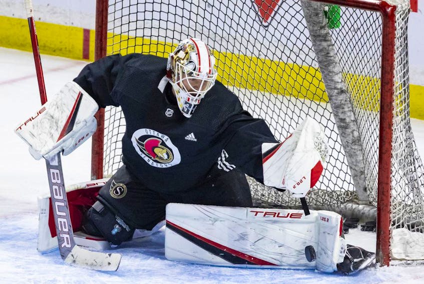 Matt Murray, shown here during a practice last week, is one of three goaltenders with the Senators for the road trip. Whether Murray starts Monday in Edmonton, or whether it's Filip Gustavsson, is a decision yet to be made by head coach D.J. Smith and goalie coach Zac Bierk.