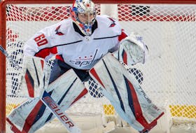 Former Halifax Mooseheads goalie Zachary Fucale tracks the puck during a game with the Washington Capitals. - NHL