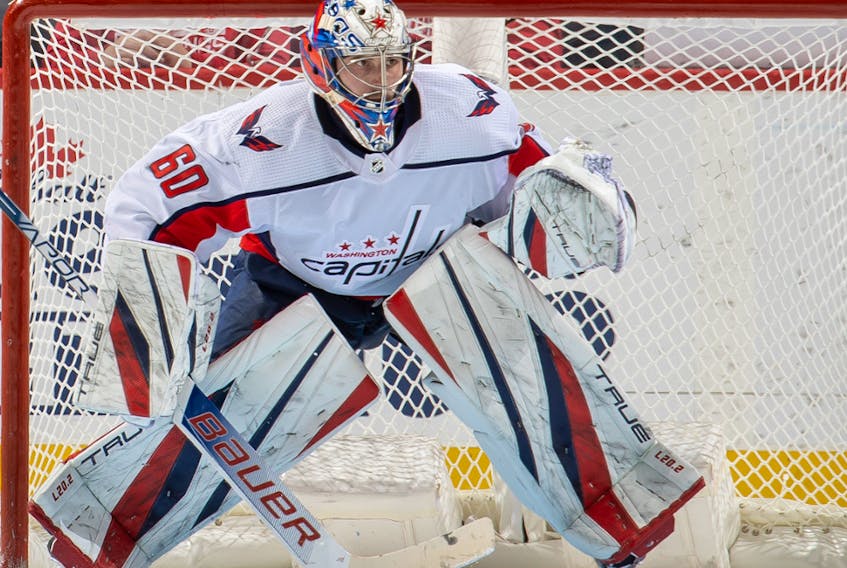 Former Halifax Mooseheads goalie Zachary Fucale tracks the puck during a game with the Washington Capitals. - NHL