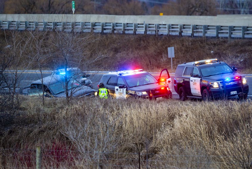 Police and SIU attend an incident on the Hwy. 35/115 exit to Hwy. 401 in Clarington, Ont. on Sunday, Jan. 9, 2022. 