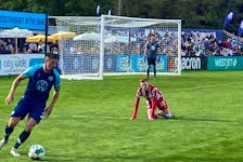 HFX Wanderers midfielder Marcello Polisi corrals the ball after an Atletico Ottawa scoring opportunity during second-half action of a Canadian Premier League matinee Saturday at the Wanderers Grounds. - GLENN MacDONALD / THE CHRONICLE HERALD