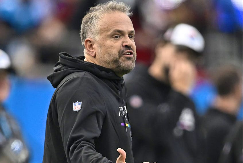 Head coach Matt Rhule of the Carolina Panthers talks with officials during the second quarter of the game against the San Francisco 49ers at Bank of America Stadium on October 09, 2022 in Charlotte, North Carolina.  