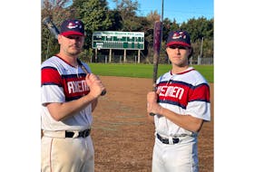 Acadia Axemen Pat McWilliam, left, and Garrett Culleton are looking forward to hosting the Atlantic Collegiate Baseball Association championship this weekend in Kentville.