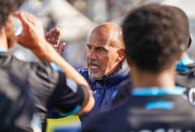 Stephen Hart speaks to his HFX Wanderers players during the 2020 Canadian Premier League championship final. Hart was dismissed as Wanderers head coach on Thursday. - CHANT PHOTOGRAPHY