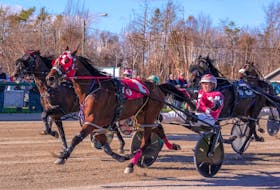 Dontblvmejustwatch, #1 and Randy Getto hold off challengers Gentry Seelster, far left, Johnnie Jack, #5 center, to win the Thanksgiving Monday holiday feature in 1:57.4 at Northside Downs. CONTRIBUTED/TANYA ROMEO